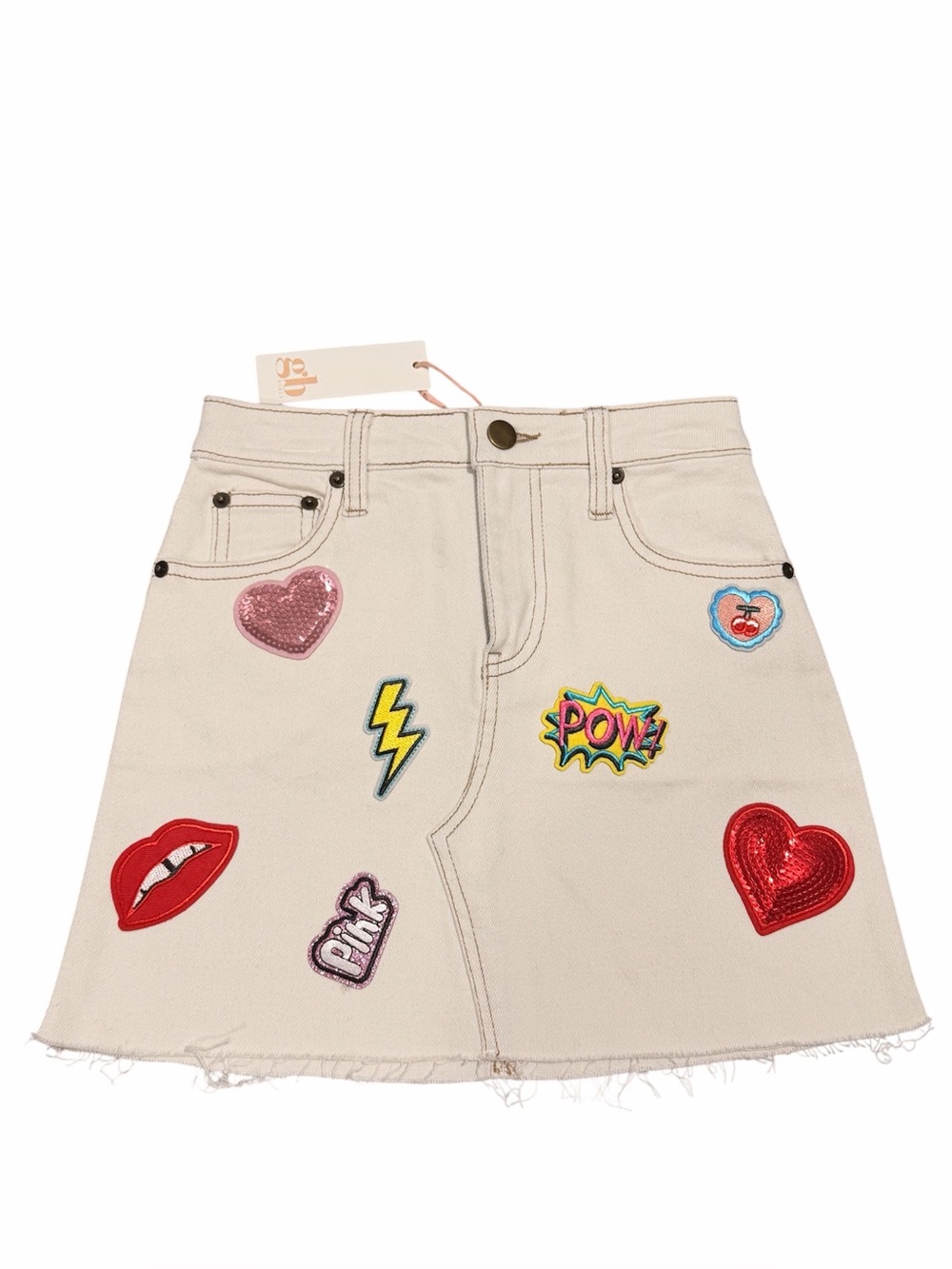 Girl GB Embellished Ivory Denim Patchwork Mini Skirt